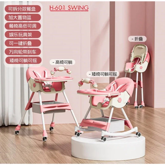 Adjustable Baby High Chair Multi-Functional Feeding Chair with Recline, Wheels & Rattles for Comfortable Mealtime