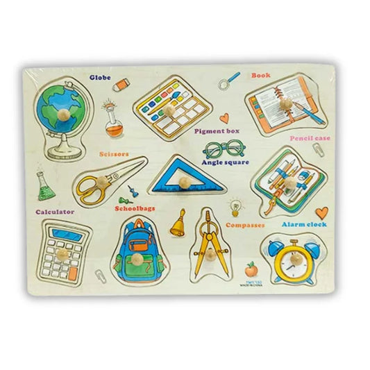 Wooden Educational School Supplies Puzzle Board for Kids – Learning Toy with Knob Handles