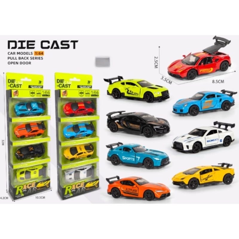 1:64 Scale Die-Cast Pull Back Race Car 4-Piece Toy Set
