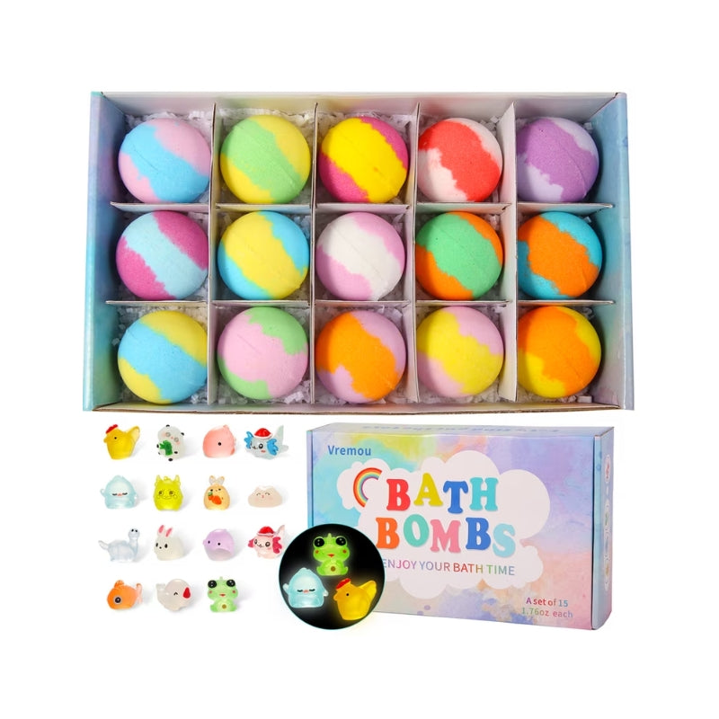 Vremou Kids Bath Bombs Set with Glow in the Dark Surprise Toys Inside - 15 Pack