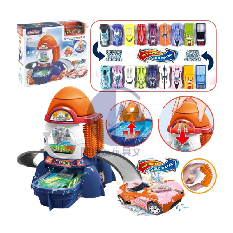 Space Rocket Car Wash Track Set with Color Changing Diecast Toy Cars