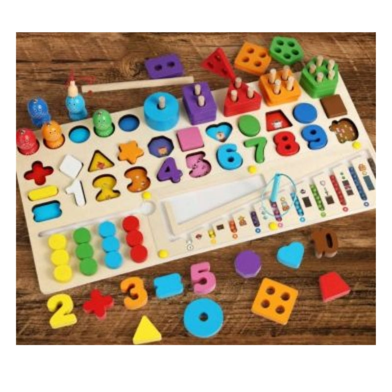 7-in-1 Wooden Montessori Mega Activity Board β Brand New Early Learning Puzzle with Xylophone, Magnetic Fishing & Math Shapes