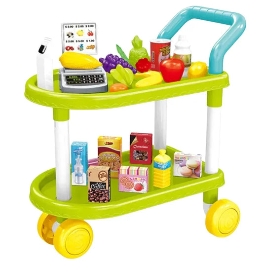 Kids Shopping Trolley Cart Fun Vegetable & Fruit Cash Counter Playset