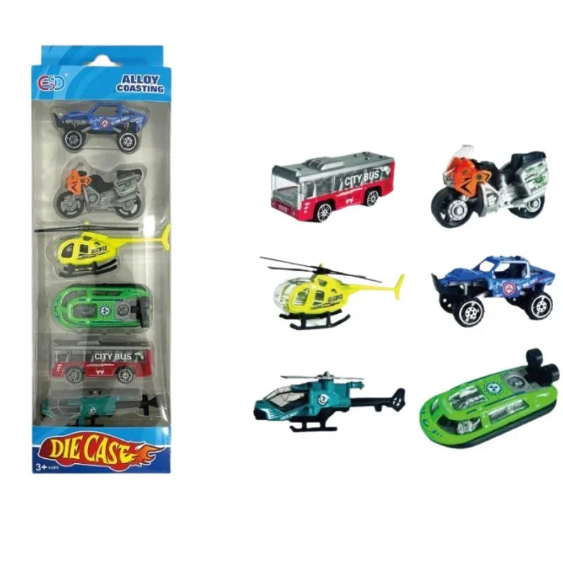 Die-Cast Vehicle Set – Bus, Bike, Off-Road Truck, Boat, Helicopter & Fighter Helicopter