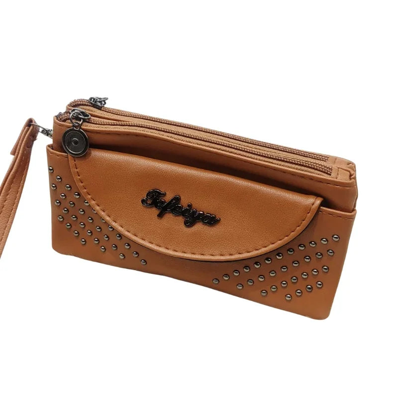 Trendy 3 Zipper Womens Hand Pouch Stylish Front Flap with Metallic Dot Design