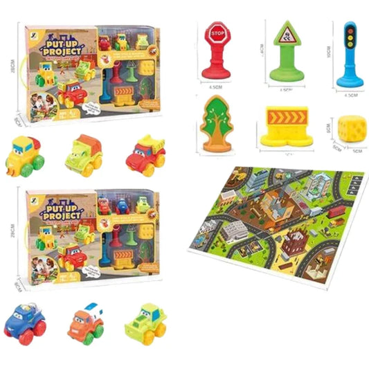 Mini City Road Builder Toy Set – Friction Cars, Signs & Play Mat for Kids Assorted