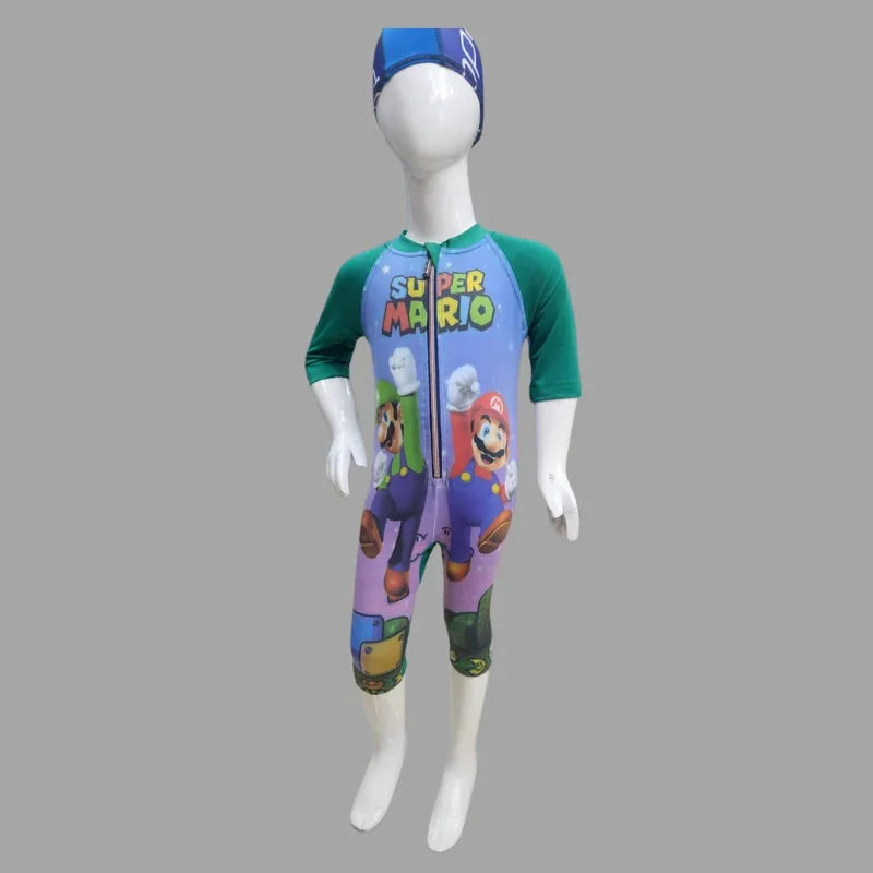 Super Mario Zipper Swimming Costume With Cap For Kids