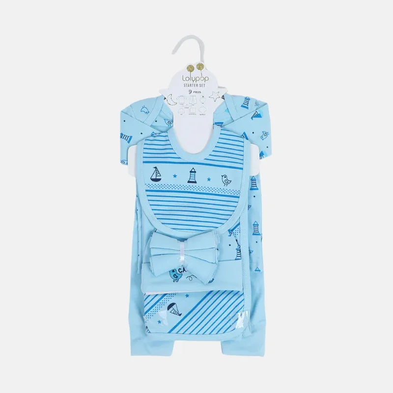 Newborn Starter Boat Print Suit Pack of 9 - Sky Blue