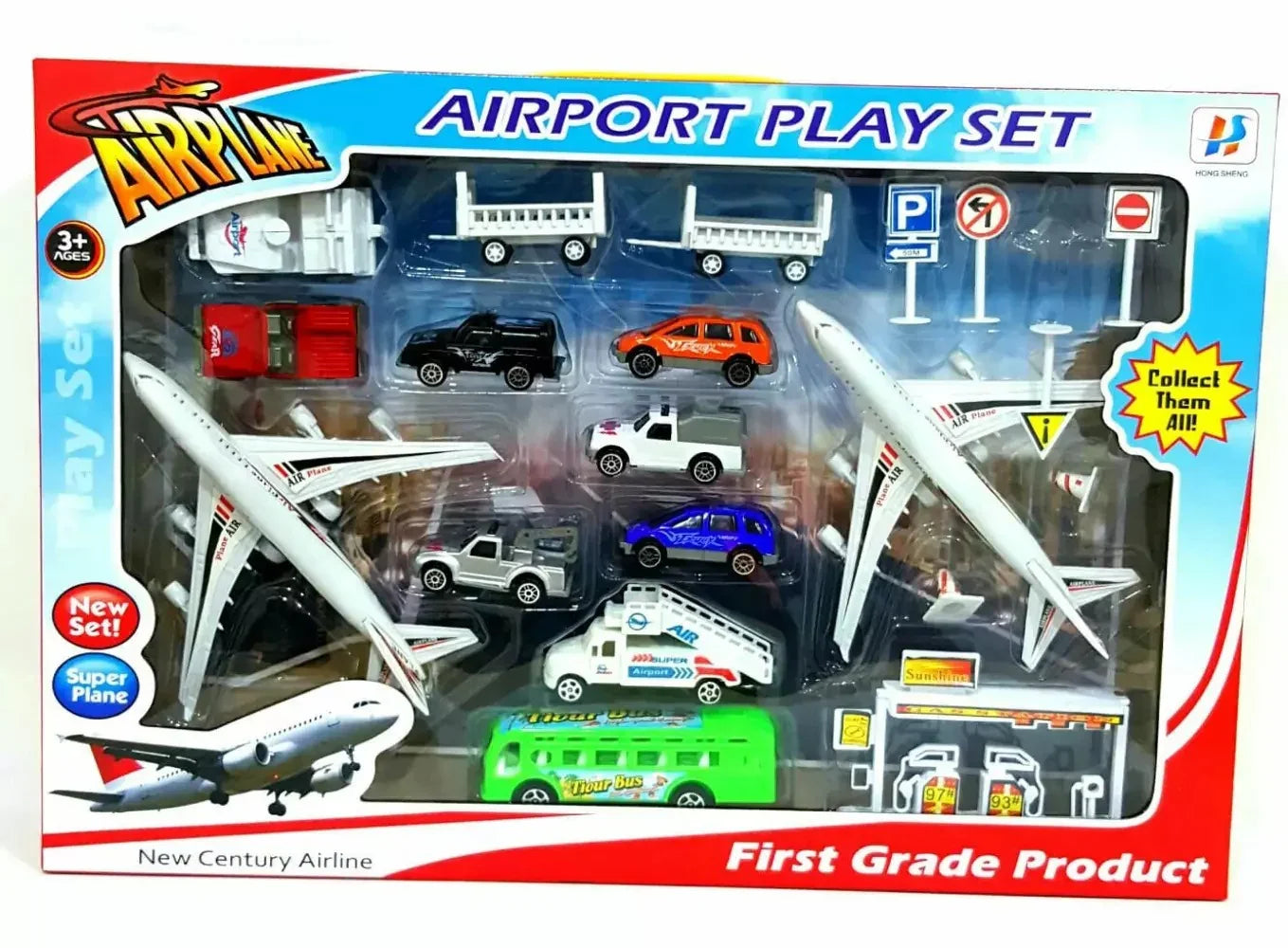 Airport Playset with Airplane, Cars & Accessories – New Century Airline Toy for Kids