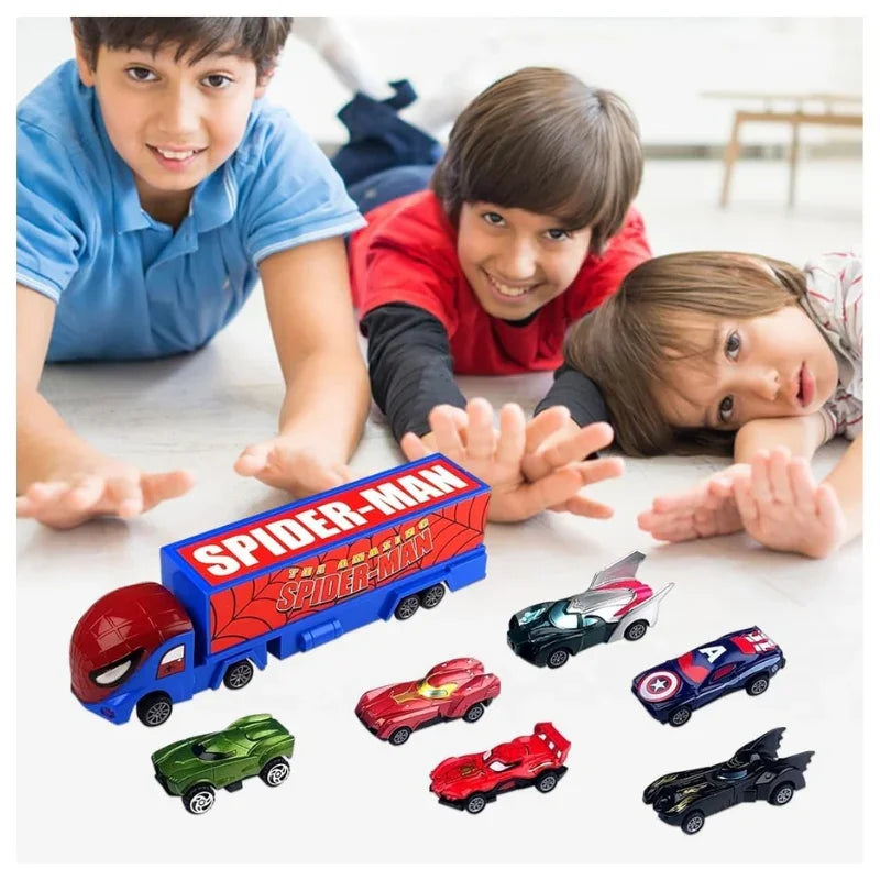Coated Pullback Racing Cars with Sliding Spiderman Container Truck