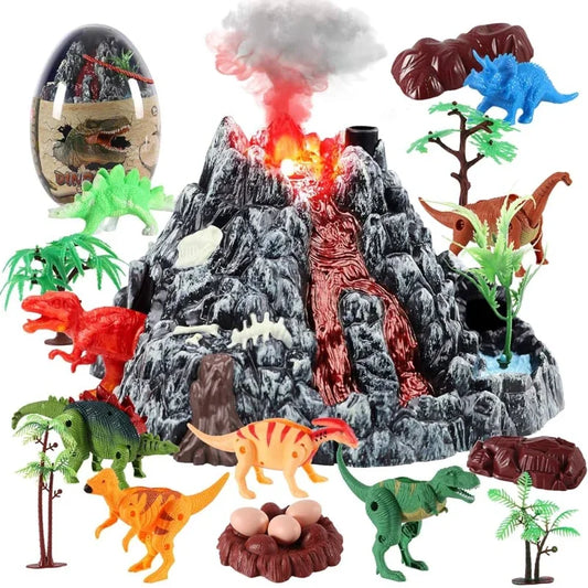 Kids Dinosaur Volcano Playset with 31 Pieces, Realistic Flame Spray