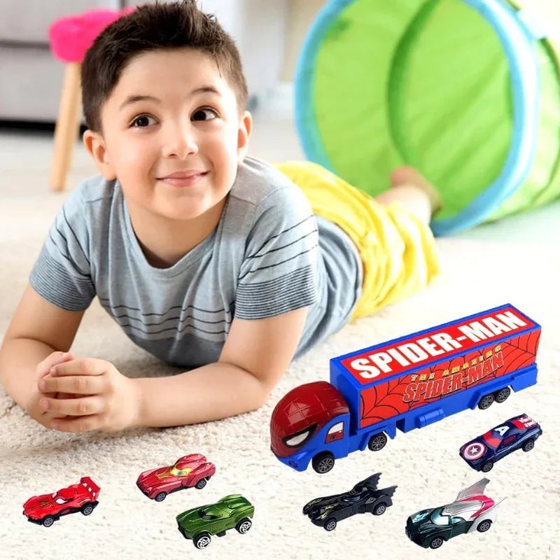 Coated Pullback Racing Cars with Sliding Spiderman Container Truck