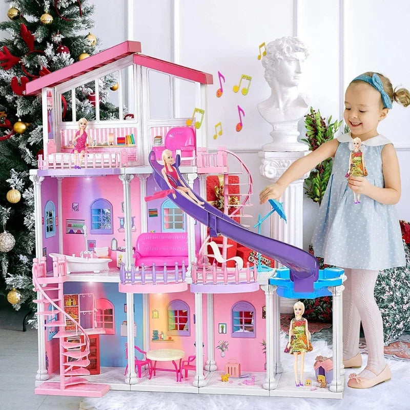 Doll Villa Playset with 3 Dolls – Multi-Room DIY Dream House