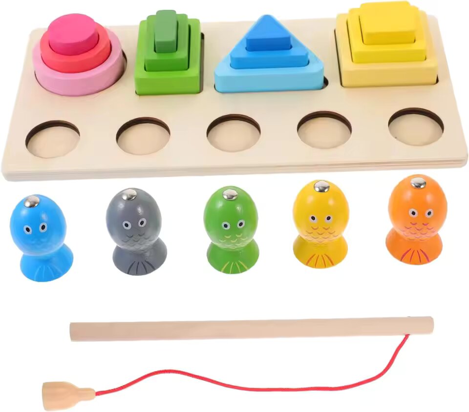 Montessori Wooden Sorting & Stacking Puzzle with Fishing Game