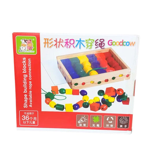 Shape Building Blocks Wearing Rope Beaded Box Wooden Toys  Childhood Education Cognitive lacing beads wooden