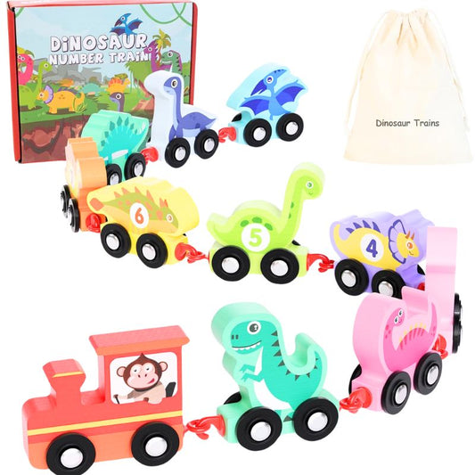 Wooden Dinosaur Number Train Set -11 PCS Includes an Engine, Montessori Toy Train