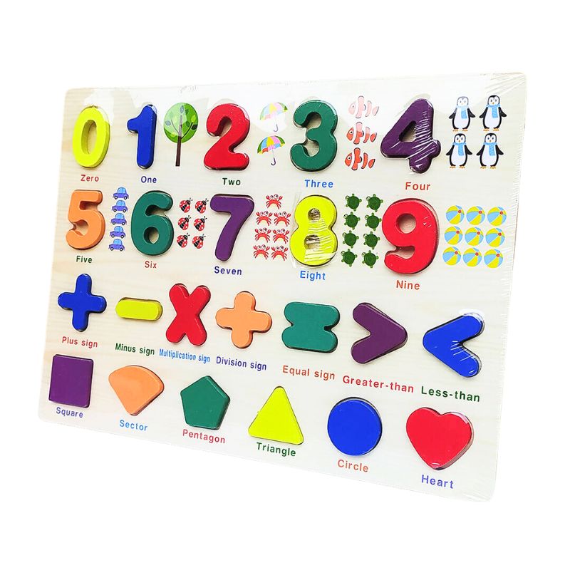 Wooden Numbers, Math Symbols & Shapes Puzzle – Educational Learning Board for Kids