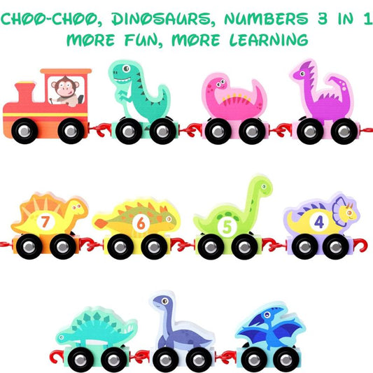 Wooden Dinosaur Number Train Set -11 PCS Includes an Engine, Montessori Toy Train