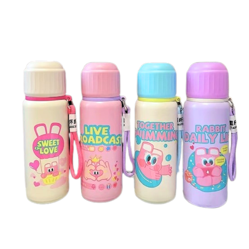 Cartoon Printed Water Bottle With Portable Thermos Cup (550ml)