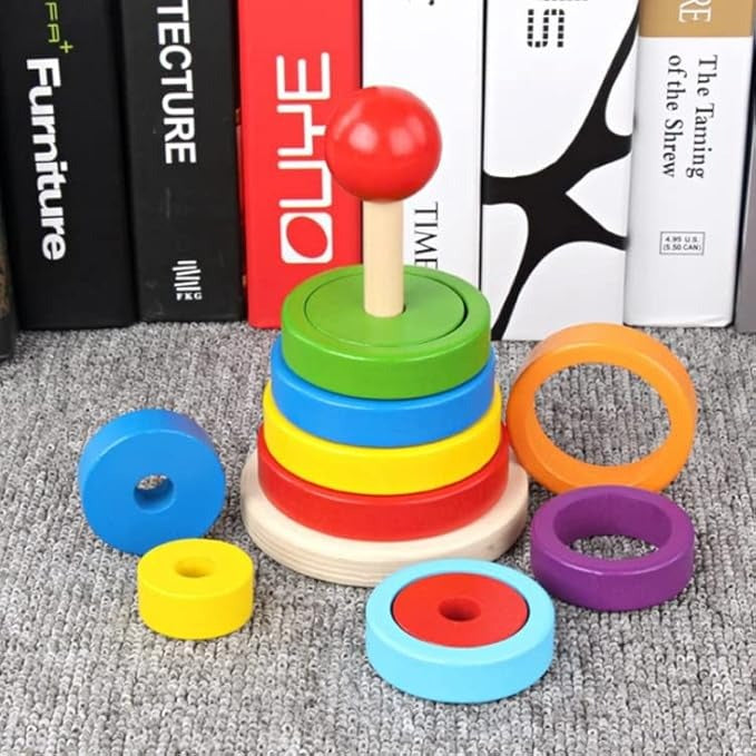 Rainbow Stacker & Shape Sorter – Wooden Rings for Endless Fun