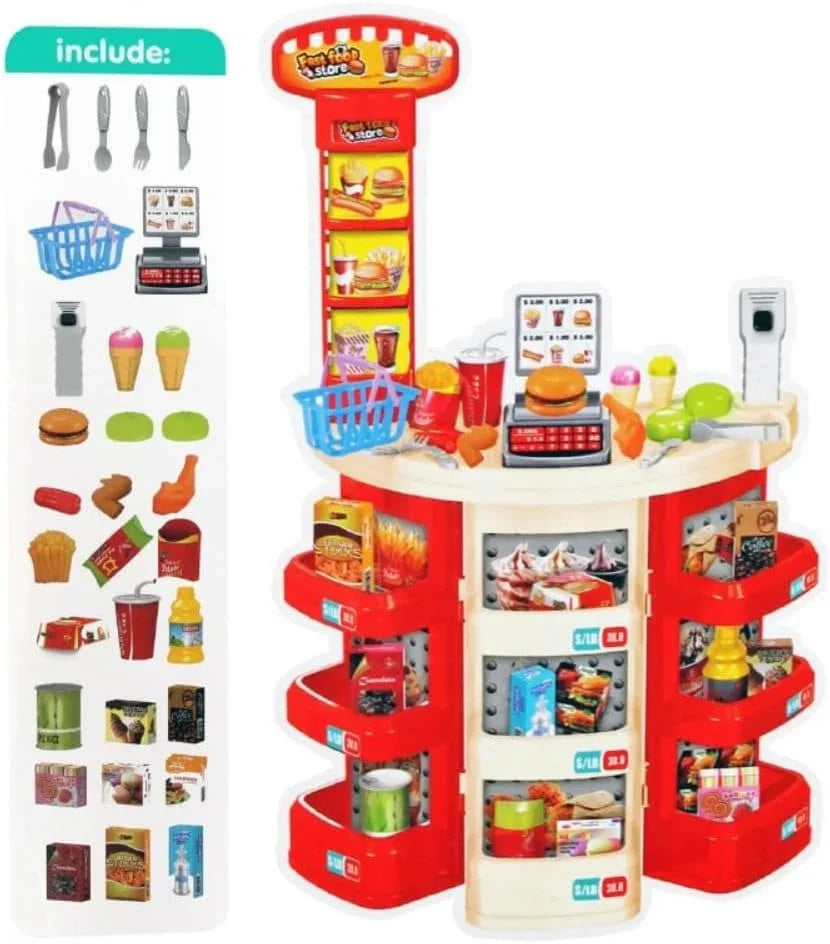 Deluxe Supermarket Cashier Playset with Realistic Grocery Shelves, Scanner & Accessories – 40+ Pcs