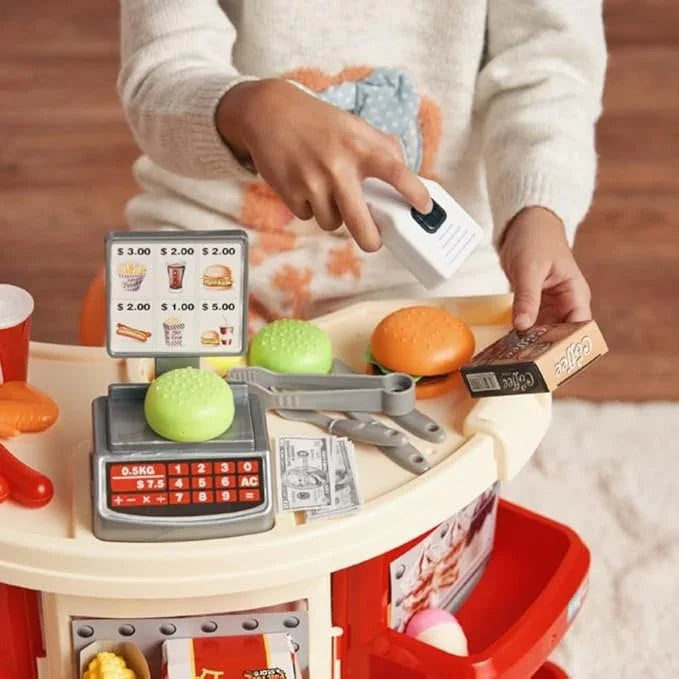 Deluxe Supermarket Cashier Playset with Realistic Grocery Shelves, Scanner & Accessories – 40+ Pcs