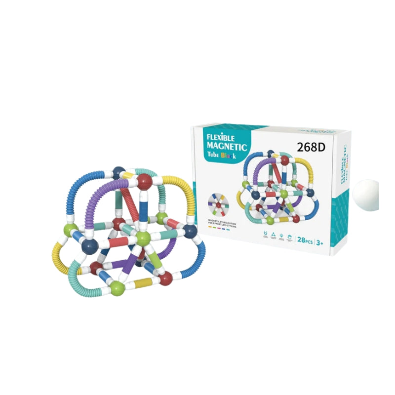 28-Piece Flexible Magnetic Tube Blocks – DIY STEM Building Set for Kids