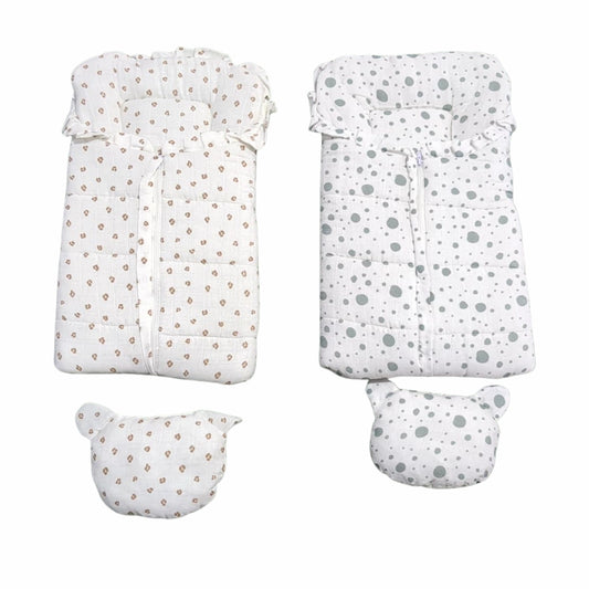 Quilted Pattern Doll Sleeping Bag with Bear Pillow - Polka Dot & Geometric Swaddle assorted
