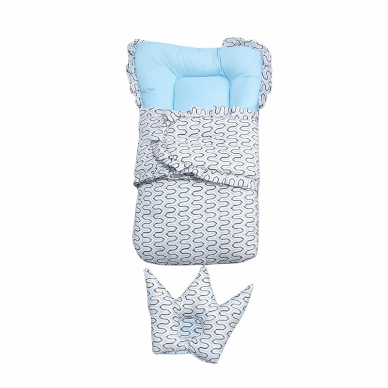 Royal Doll Sleeping Bag Set - Quilted Swaddle with Crown Pillow (Tractor & Geometric Print)