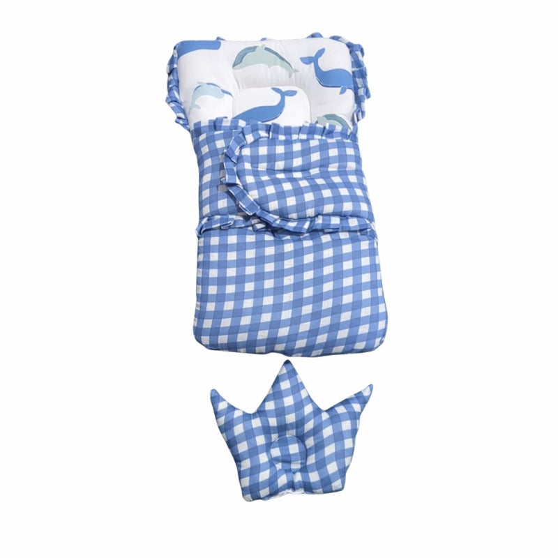 Royal Doll Sleeping Bag Set - Quilted Swaddle with Crown Pillow (Whale & Farm Prints)