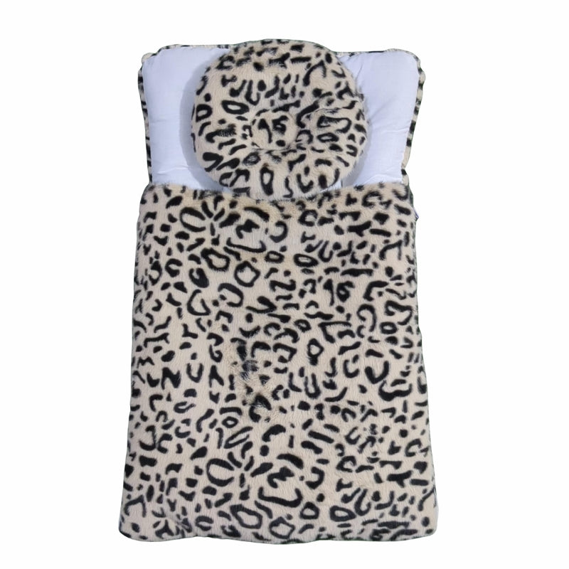 Luxury Leopard Print Doll Sleeping Bag - Faux Fur Swaddle with Round Pillow