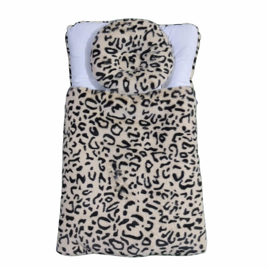 Luxury Leopard Print Doll Sleeping Bag - Faux Fur Swaddle with Round Pillow