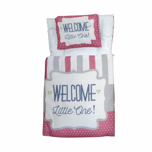 "Welcome Little One" Quilted Doll Sleeping Bag Set - Baby Doll Bedding with Pillow