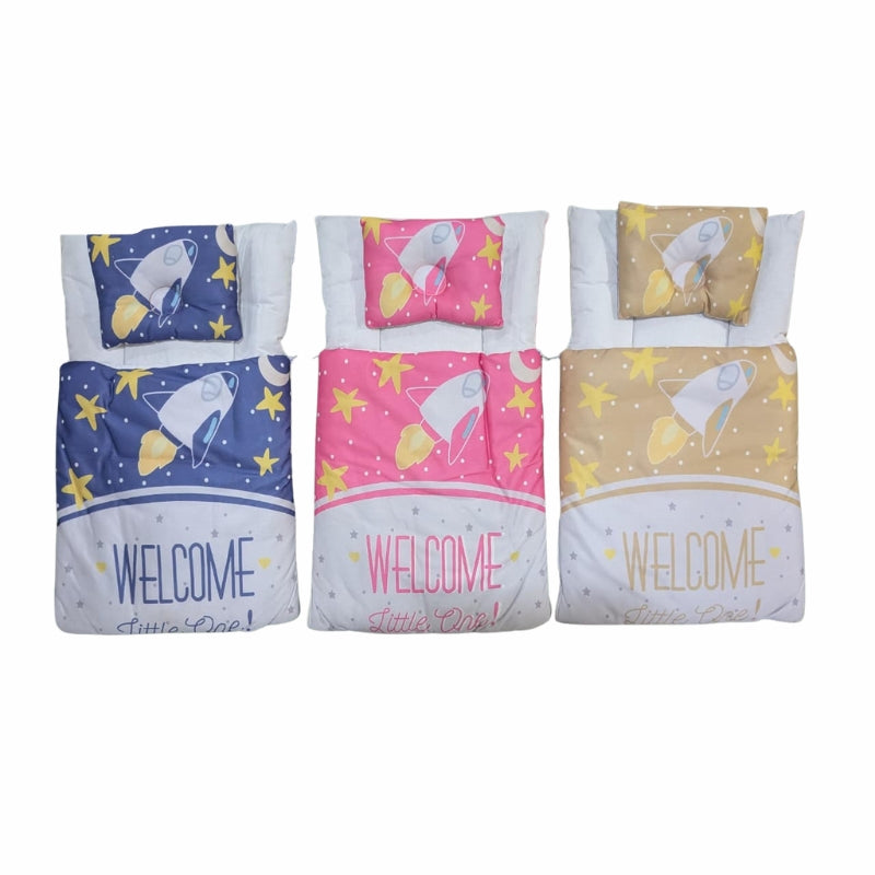 "Welcome Little One" Space Rocket Quilted Doll Sleeping Bag Set with Pillow
