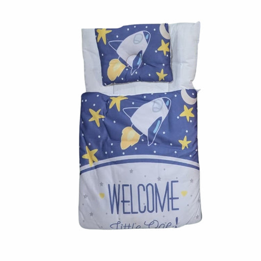 "Welcome Little One" Space Rocket Quilted Doll Sleeping Bag Set with Pillow