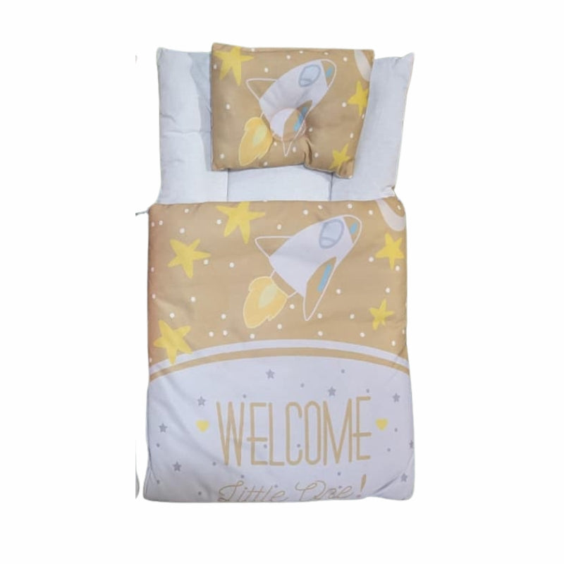 "Welcome Little One" Space Rocket Quilted Doll Sleeping Bag Set with Pillow