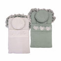 Elegant Muslin Quilted Doll Sleeping Bag Set - Lace Trim, Floral Appliqué & Round Pillow