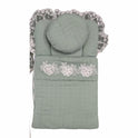 Elegant Muslin Quilted Doll Sleeping Bag Set - Lace Trim, Floral Appliqué & Round Pillow