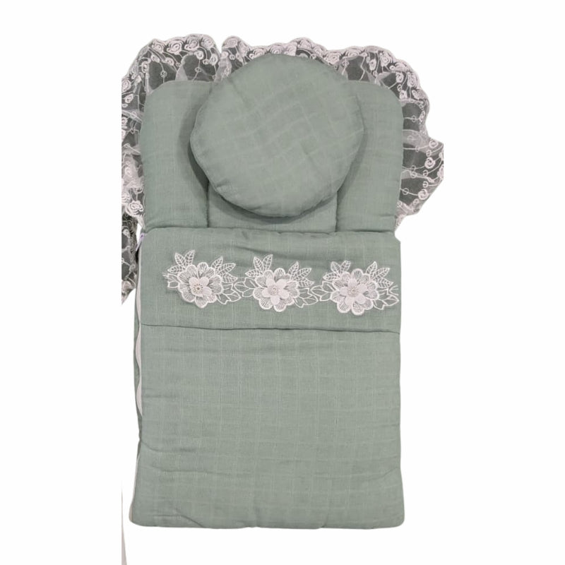 Elegant Muslin Quilted Doll Sleeping Bag Set - Lace Trim, Floral Appliqué & Round Pillow