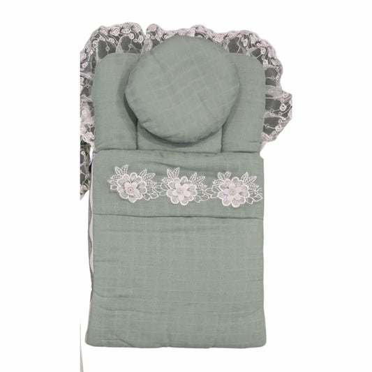 Elegant Muslin Quilted Doll Sleeping Bag Set - Lace Trim, Floral Appliqué & Round Pillow