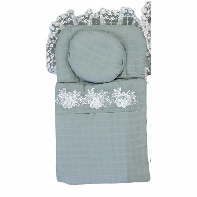 Elegant Muslin Quilted Doll Sleeping Bag Set - Lace Trim, Floral Appliqué & Round Pillow