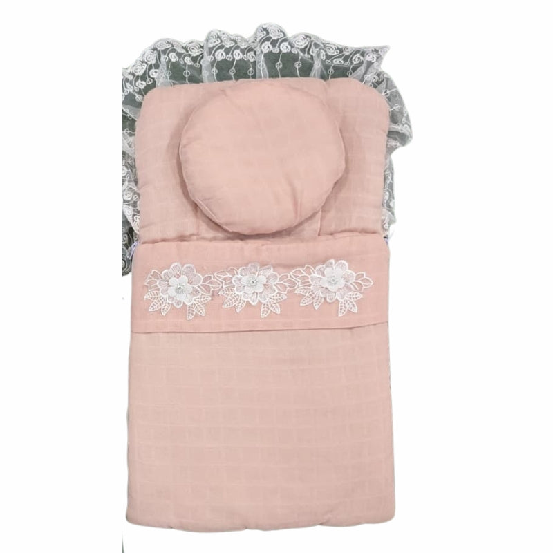 Elegant Muslin Quilted Doll Sleeping Bag Set - Lace Trim, Floral Appliqué & Round Pillow