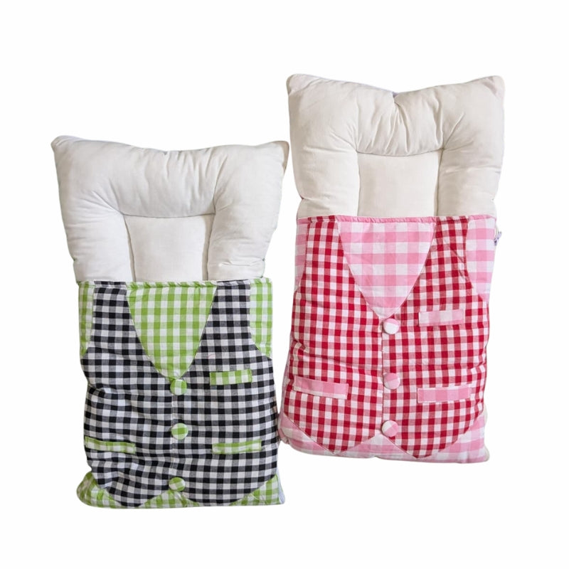 Kidzo Plaid Gingham Vest Doll Sleeping Bag - Quilted Swaddle with Padded Headrest (Green & Pink)