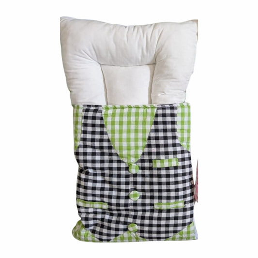Kidzo Plaid Gingham Vest Doll Sleeping Bag - Quilted Swaddle with Padded Headrest (Green & Pink)