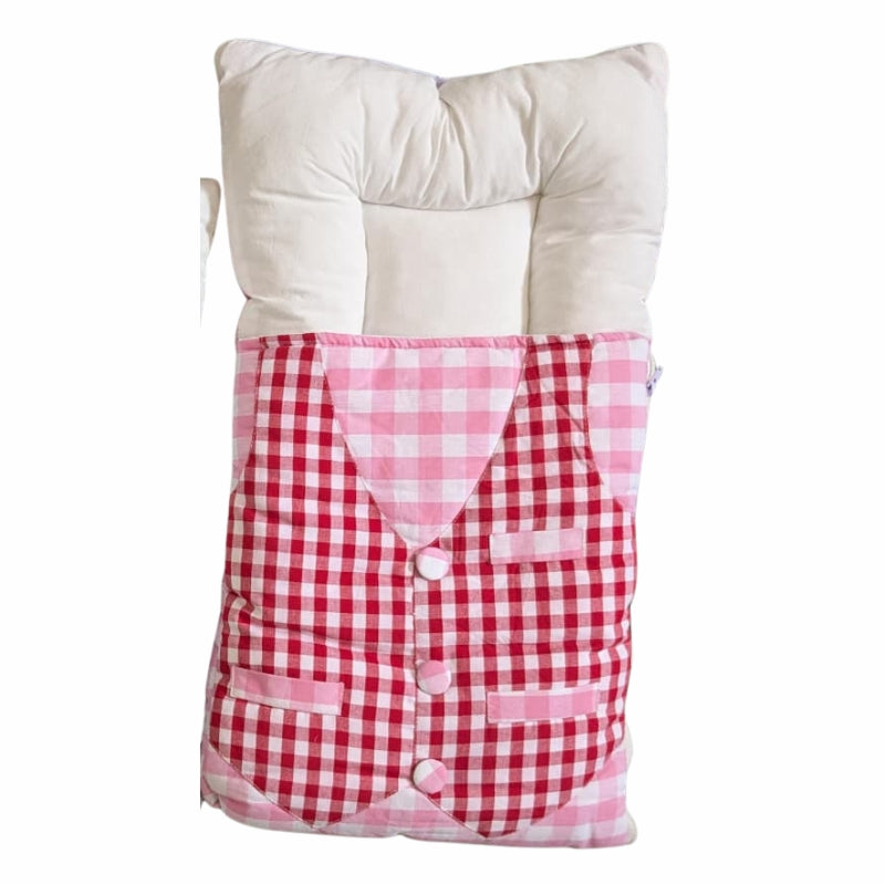 Kidzo Plaid Gingham Vest Doll Sleeping Bag - Quilted Swaddle with Padded Headrest (Green & Pink)