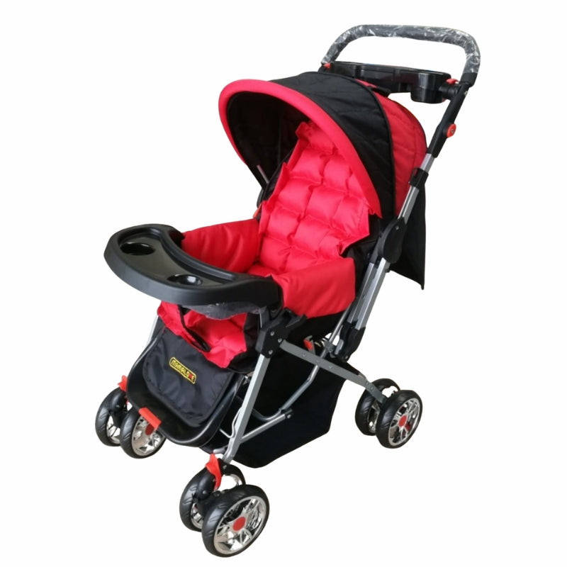 Lightweight Compact Baby Stroller with Snack Tray - Travel Foldable Pram for Toddlers - Red & Black