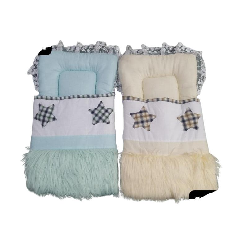Luxury Baby Sleeping Bag & Pillow Set - Furry Stars Doll Bedding Accessory (Blue & Cream)
