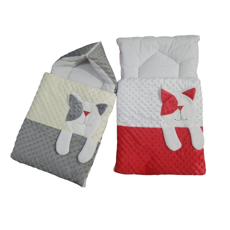 Cat Baby Sleeping Bag Set - Minky Dot Kitten Bedding Accessory (Red & Gray)