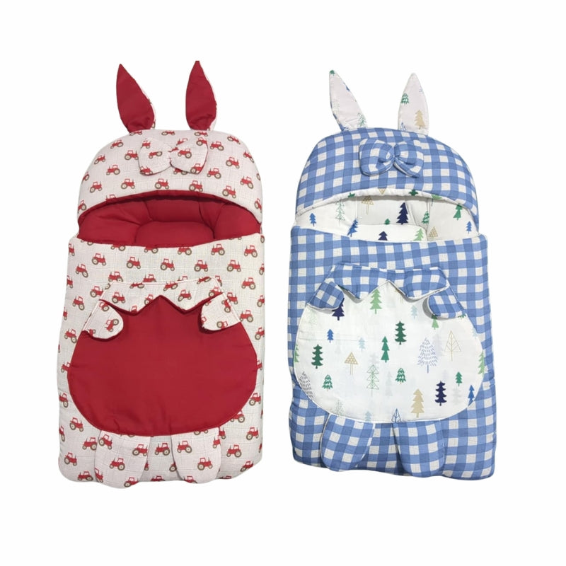 Quilted Rabbit Ear Doll Sleeping Bag - Tractor Farm & Blue Gingham Print Swaddle