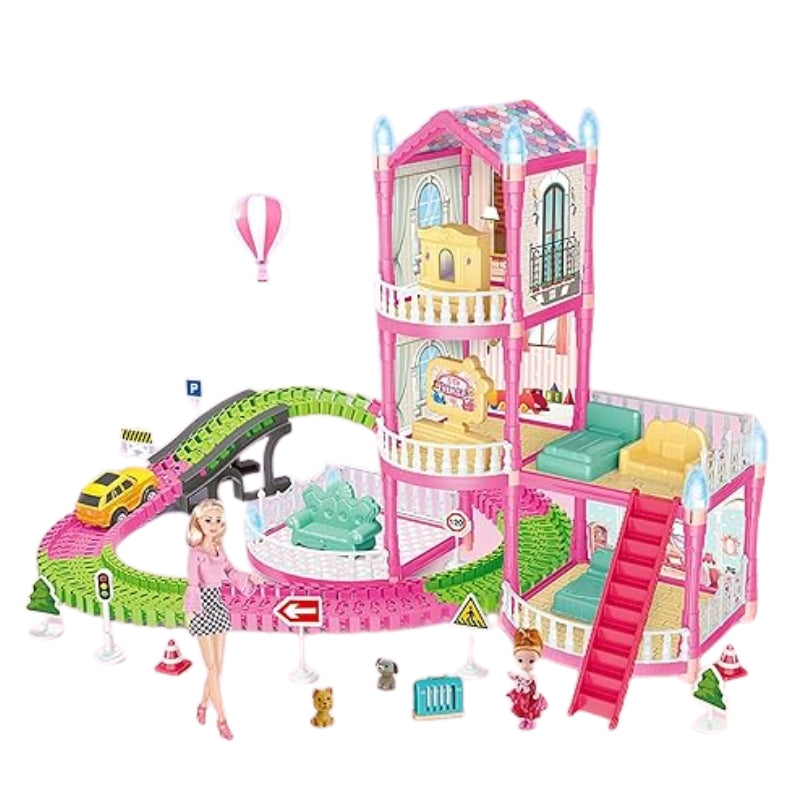 Beauenty Dream House for Girls.DIY Doll House Kit.3-Story 5 Rooms.Dollhouse construction toy with railcar and Barbie dolls.5-12 Year Old Kids Ideal Gifts(style3)
